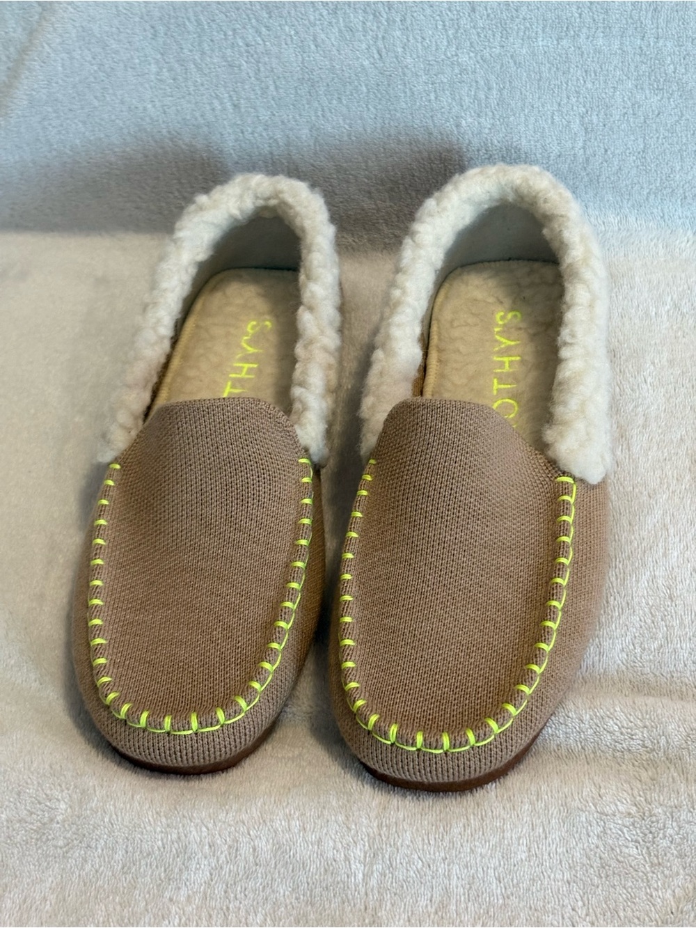 Rothy's Tan Textile Slipper Shearling Loafers Flat Women US 6 Yellow stitching